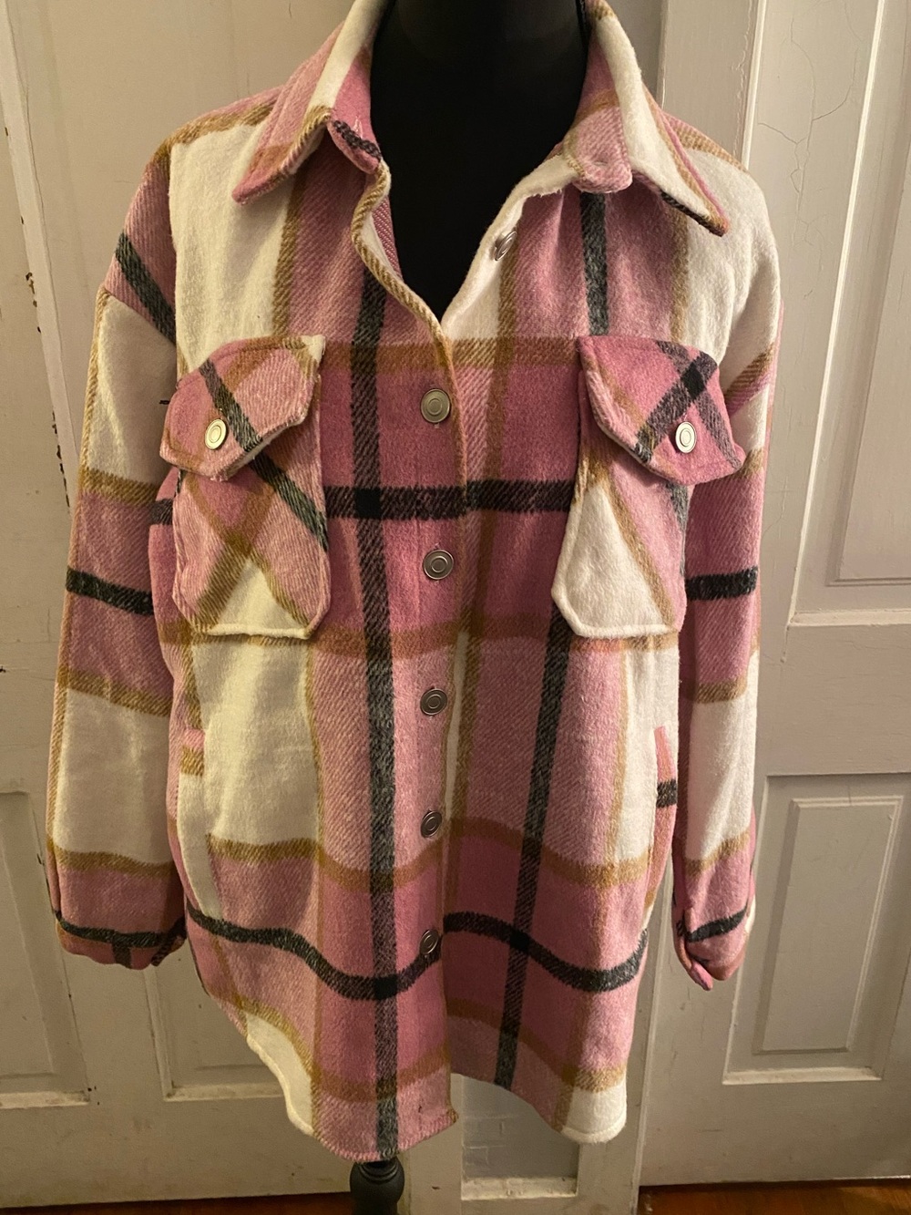 SHEIN Pink Plaid Shacket with Cream & Black Accents